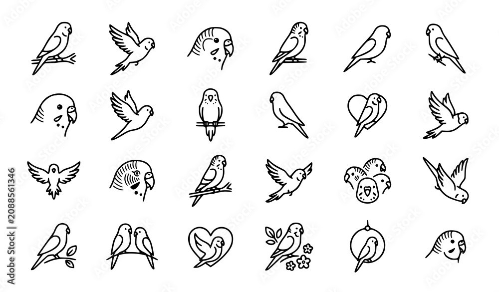 Fototapeta premium Cute Hand Drawn Bird Outline Icon Collection with Flying Perched and Love Bird Illustrations
