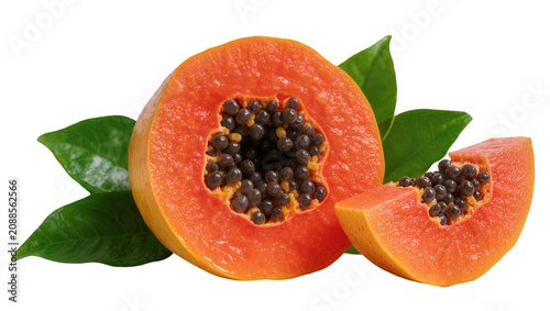 Canvastavla Ripe orange papaya half and slice with black seeds, isolated on transparent back