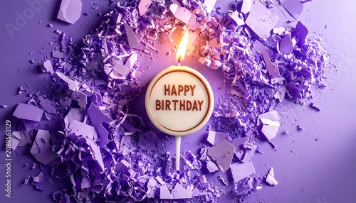 Lit Birthday Candle with Happy Birthday Message Surrounded by Purple Shattered Pieces on Purple Background