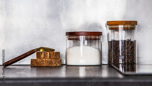 Obraz na płótnie Airtight glass storage jars with wooden lids containing white sugar and black lo