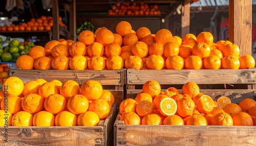 Fresh Ripe Oranges Displayed in Wooden Crates at Outdoor Market Stall