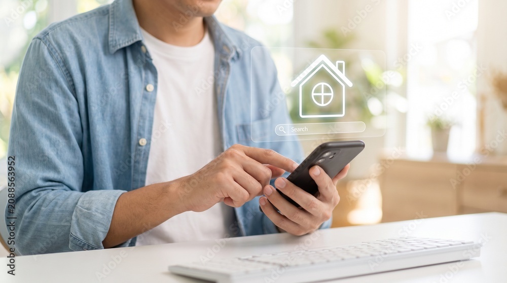 Fototapeta premium Person searching for a new home on a mobile phone with digital house icon in a bright home office