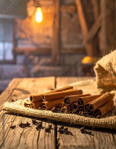 Aromatic Cinnamon Stick Arranged on Rustic Wooden Table in Warm Vintage Kitchen