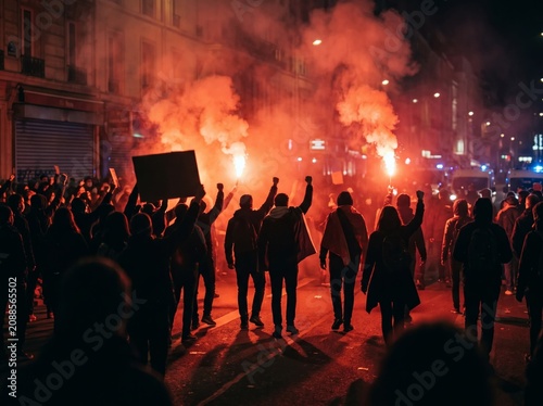 A large crowd of activists and protesters march through an urban street at night with glowing red flares and placards during a intense political demonstration