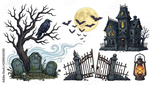 Spooky Haunted House Set – haunted mansion, broken gate, tombstones, dead tree, lantern, raven, bats, moon, fog elements, premium Halloween vector pack, isolated on white.

