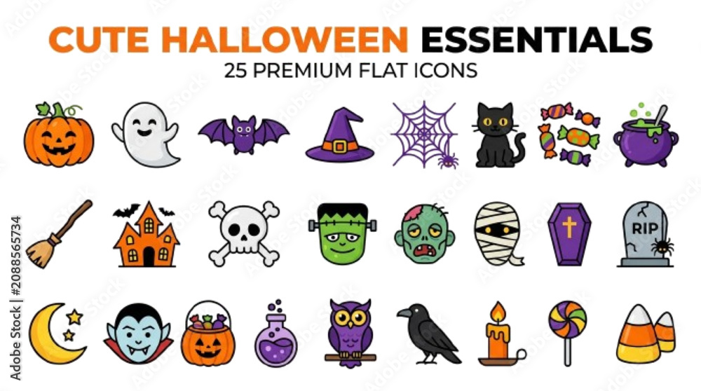 Fototapeta premium Cute Halloween Essentials – 25 modern flat Halloween icons including pumpkin, ghost, bat, witch hat, spider web, black cat, candy, cauldron, broom, haunted house, isolated on white background, premium