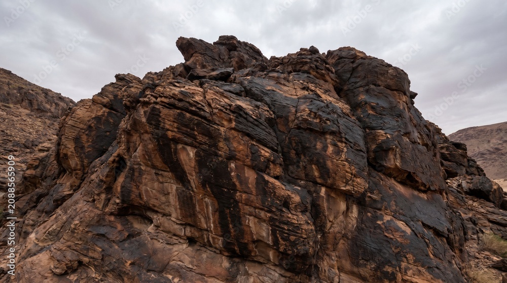 Fototapeta premium Dramatic Desert Rock Formation with Layered Sandstone Cliffs Under a Cloudy Sky