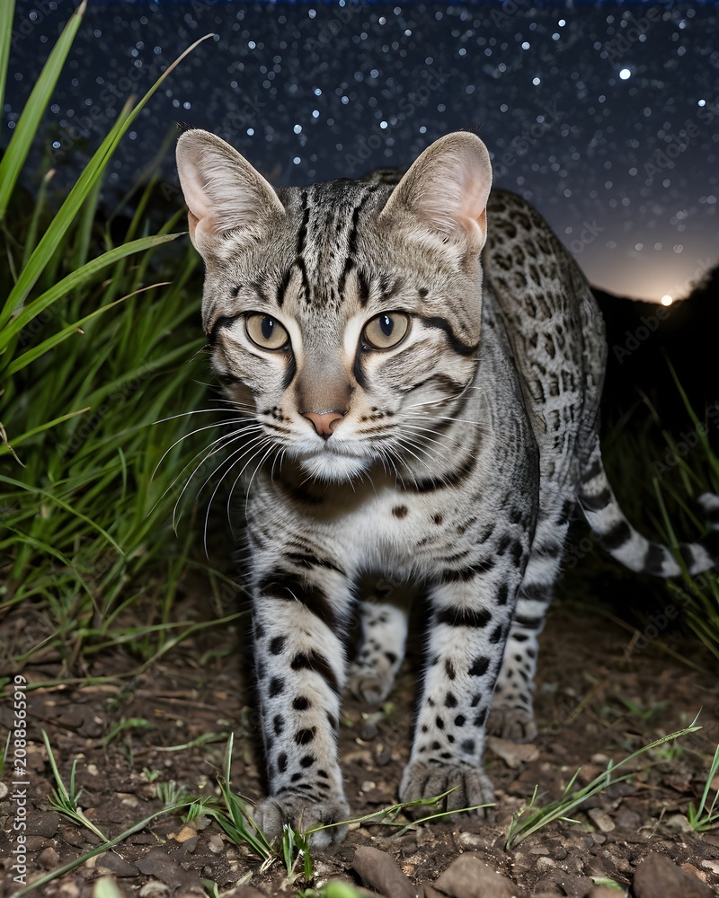 Fototapeta premium A silver marbled cat in a meteor show background