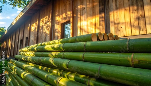 Fresh Green Bamboo Poles Stacked Beside Rustic Wooden Building in Warm Sunlight