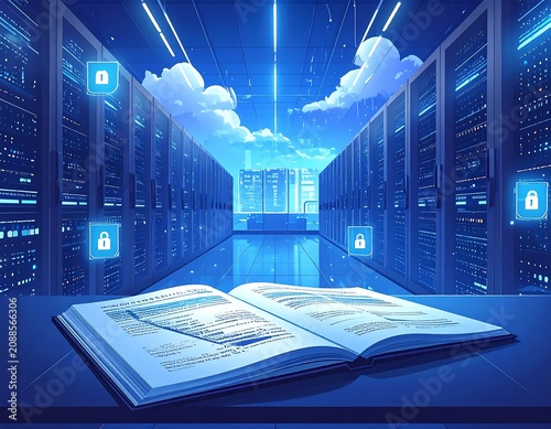 Futuristic Data Server Room with Open Technical Book and Cloud Security Icons