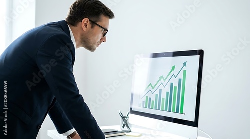 Businessman analyzing upward trending financial graph on computer screen in modern office