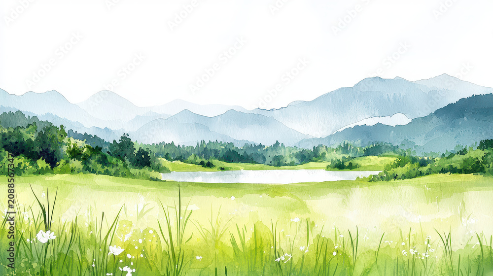 Fototapeta premium Serene watercolor painting of lush green landscape with mountains in background and calm lake reflecting sky