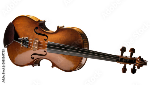 Foto Polished wooden violin with f-holes and tuning pegs, isolated on transparent bac