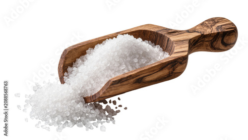 Bild auf Leinwand Coarse sea salt crystals spilling from a wooden scoop, isolated on transparent b