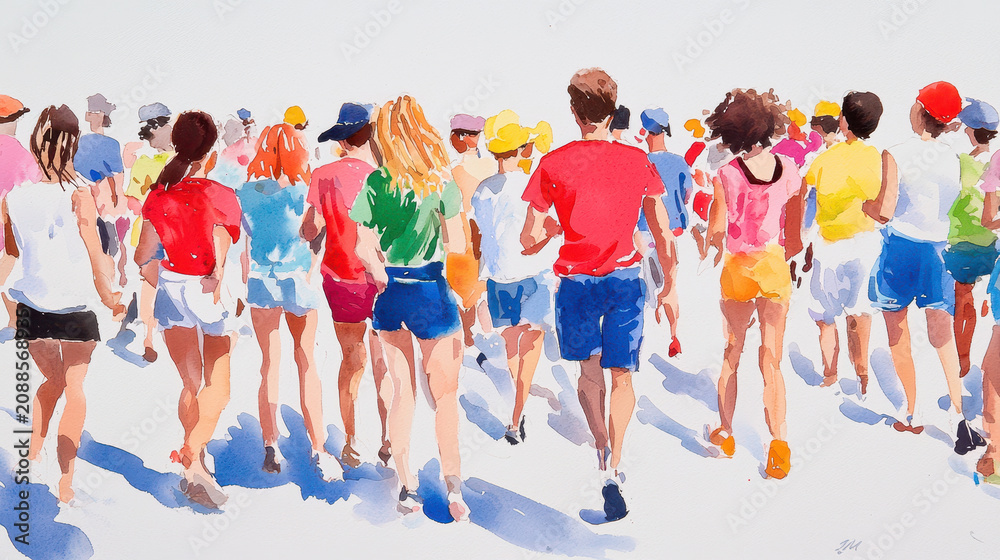Obraz premium Colorful crowd walking together, vibrant summer attire, joyful atmosphere, diverse group, sunny day, artistic impression