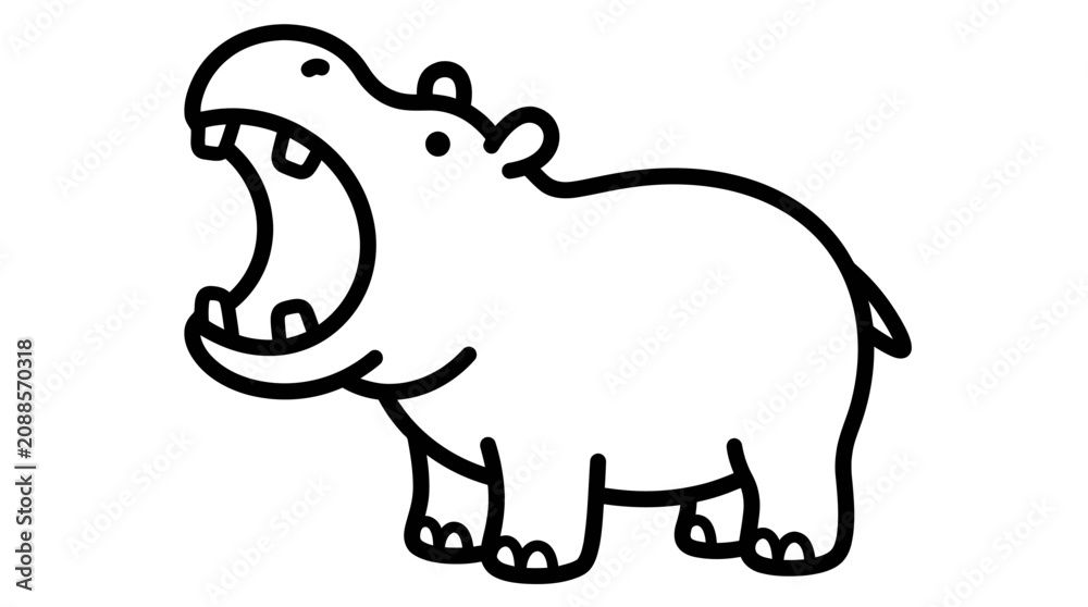 Fototapeta premium Minimalist hippopotamus line art with open mouth on white.
