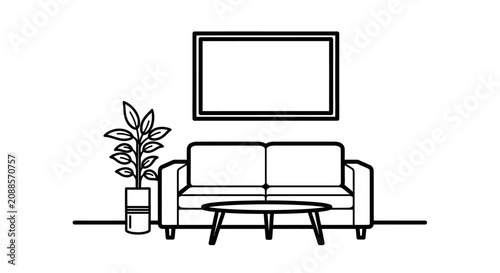 Bild auf Leinwand Living Room Scene With Sofa Plant And Framed Artwork Line Drawing