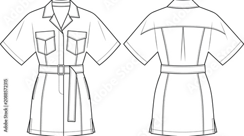 Fotografía Classic short sleeve belted shirt dress flat sketch with collar, chest pockets,