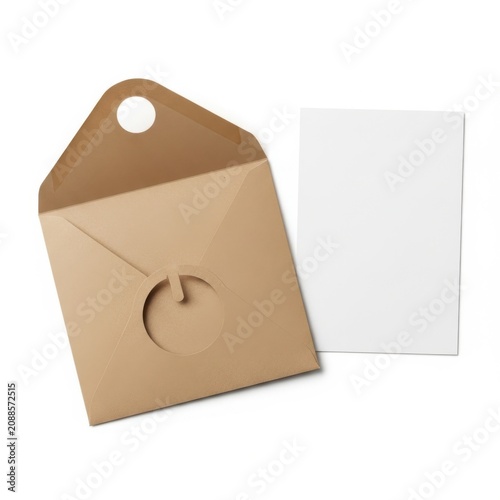 Brown kraft envelope with a white paper and a pull-out tab for mailing or crafting projects