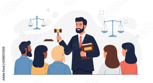 Lawyer or Judge Presiding Over Court Hearing with Gavel, Scales of Justice, and Diverse Audience
