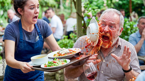  A shocked waitress accidentally spilling a plate of spaghetti with tomato sauce directly into a guest face in an outdoor restaurant
