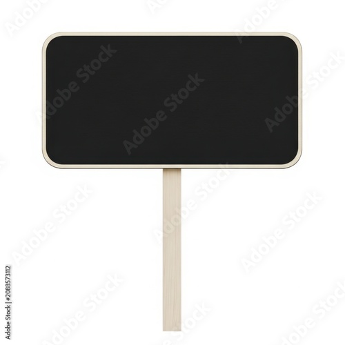 Empty chalkboard sign attached to a metal stand on a white background