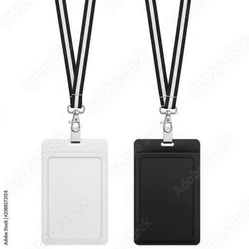 Pair of lanyards with blank white and black identification card holders attached
