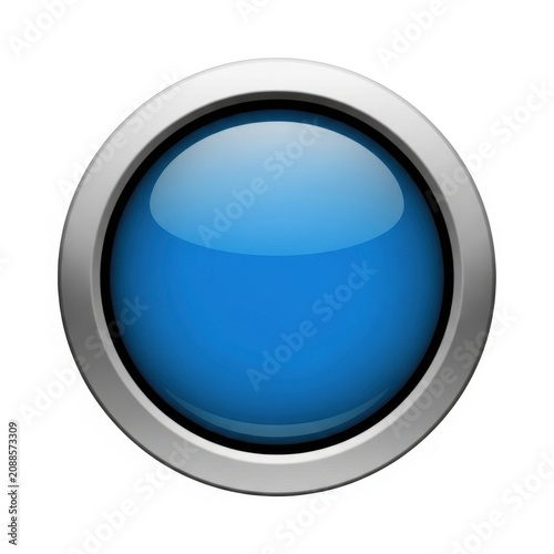 Modern circular button with a shiny blue gradient and metallic frame design