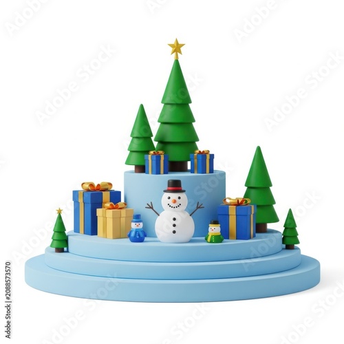 A festive snowman surrounded by colorful presents and christmas trees on a cake stand.