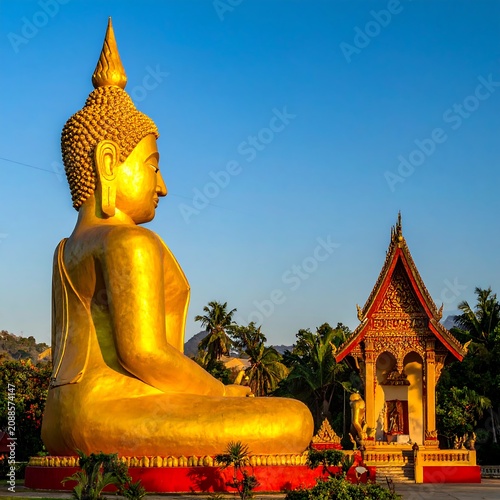 Giant Golden Buddha Statue Sitting Beside Ornate Temple Shrine at Sunset