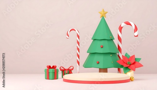 Minimal Christmas Tree Display with Candy Canes and Gift Boxes on Pastel Background