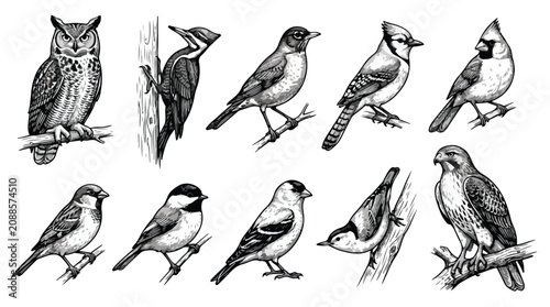 Photos Vintage bird illustrations set, 10 hand drawn avian species vector, black and wh
