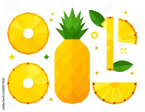 Bright Geometric Pineapple and Slices Arranged on White Background