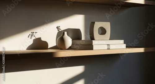 Minimalist Shelf Display With Dramatic Sunlight And Shadows