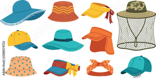Tableau sur toile Colorful summer hats vector icon set featuring stylish sun hats, baseball caps,