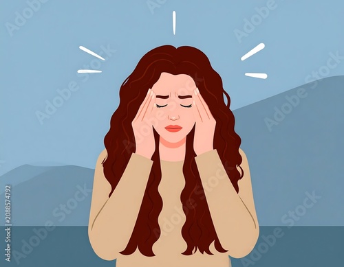 Stressed Young Woman Holding Temples with Closed Eyes on Blue Abstract Background