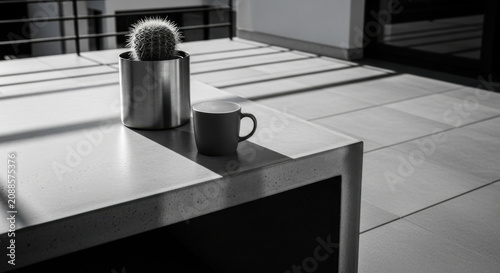 Minimalist Still Life With Cactus And Coffee Cup On Modern Table