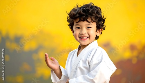 Smiling Young Boy Wearing White Karate Uniform Posing Against Bright Yellow Background