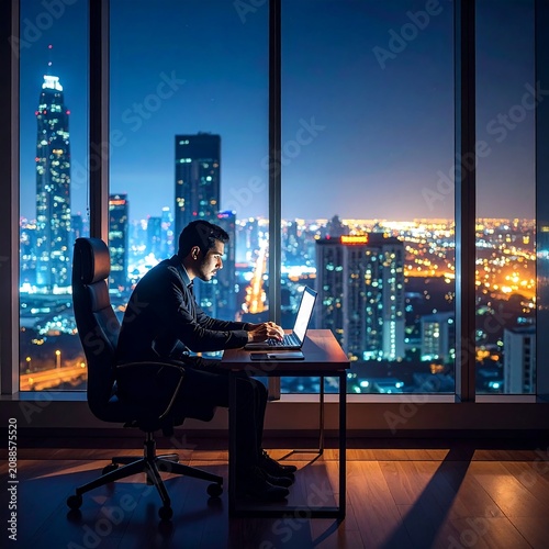 Focused Businessman Working on Laptop in Modern High Rise Office at Night