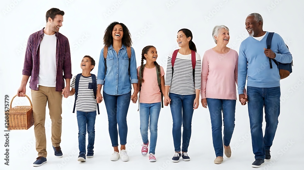 Obraz premium Multi generational diverse family walking together holding hands with backpacks and picnic basket