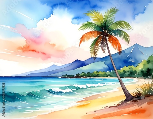 Vibrant Tropical Beach with Leaning Palm Tree and Blue Mountain Coastline