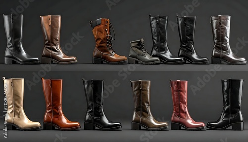 Stylish Leather Boots Arranged in Two Rows on Dark Studio Shelf