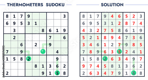 Thermometers Sudoku puzzle medium level  with solution and clues in green circles  