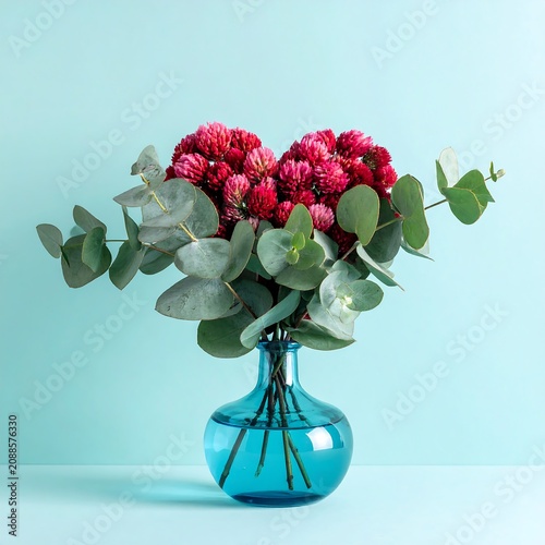 Vibrant Red Clover Bouquet Arranged in Blue Glass Vase on Pastel Background