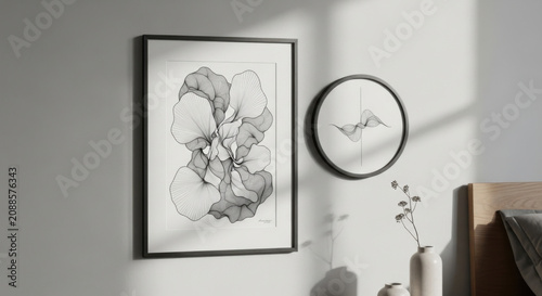 Minimalist Wireframe Floral Art And Abstract Wave Circular Canvas