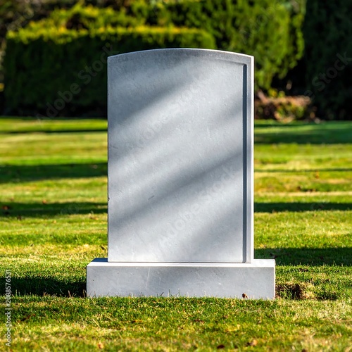 Blank White Tombstone Standing on Green Lawn in Sunlit Cemetery