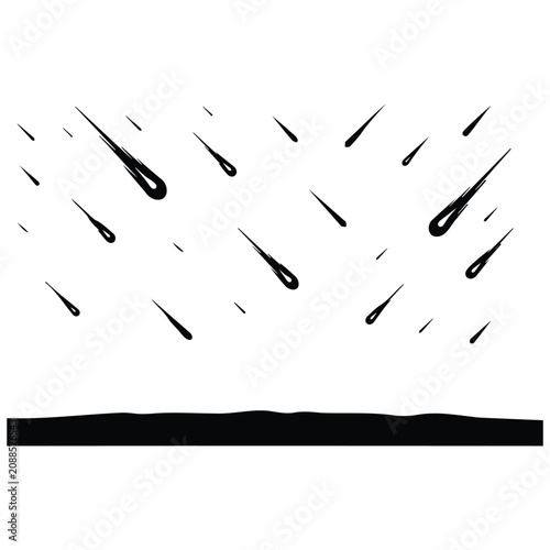 Meteor shower line art vector silhouette illustration with falling asteroids and ground.