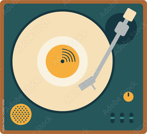 vector illustration of a retro vinyl turntable playing a record, symbolizing audio podcasting, nostalgic music branding, and analog sound hobby.