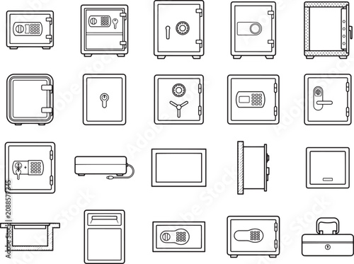 A collection of diverse safe icons presented in a clean, minimalist line art style, showcasing various designs and security features for secure storage.
