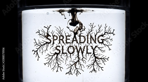 Black ink dispersing in clear water forming the words SPREADING SLOWLY with intricate root like branching structures